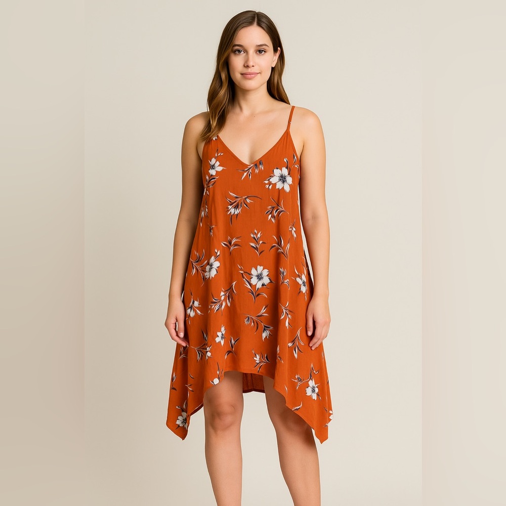 Asymmetrical Spaghetti-Strap Floral Dress in Rust
